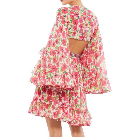 Mac Duggal NWT Floral Print Bell Sleeve Mini Dress in Pink Multi Size 6 - Picture 2 of 8